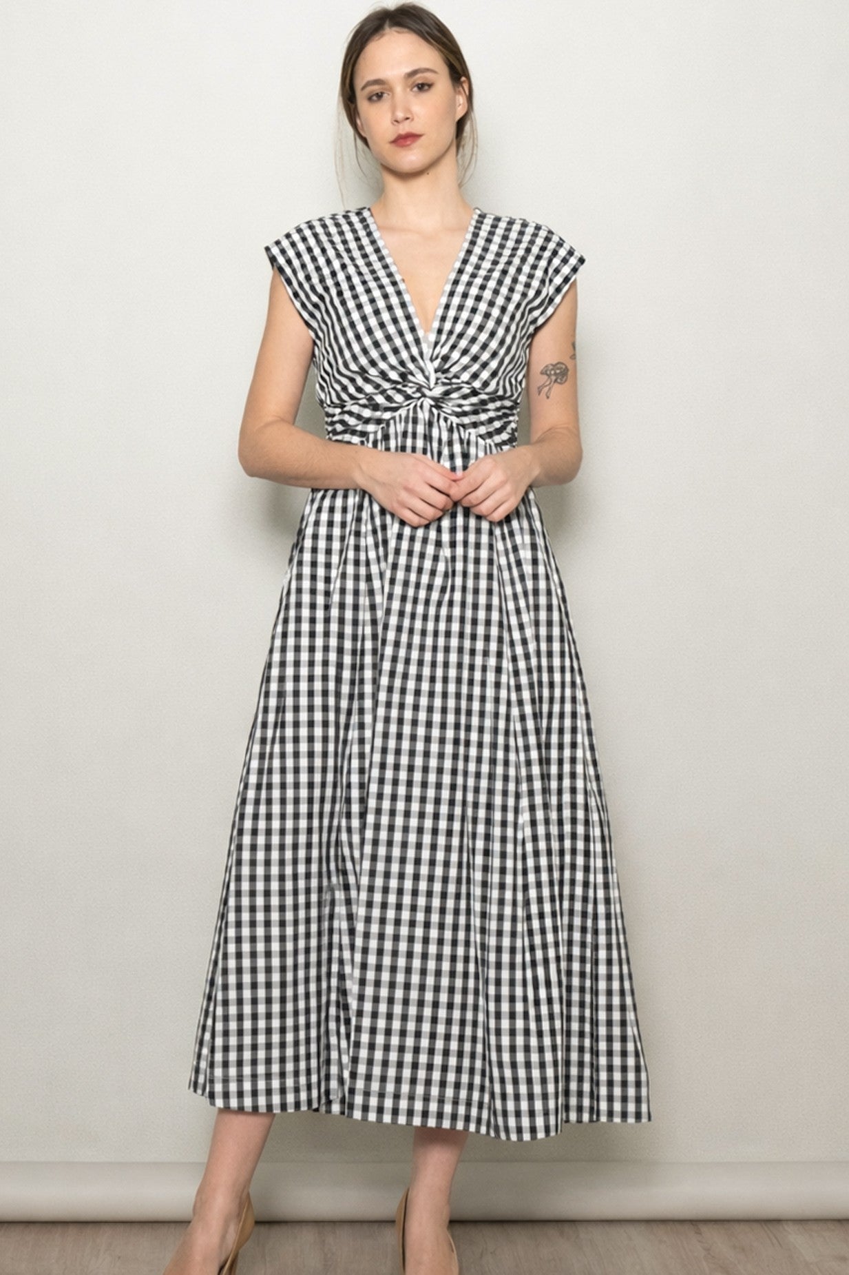 Black Gingham Twist Front Midi Dress