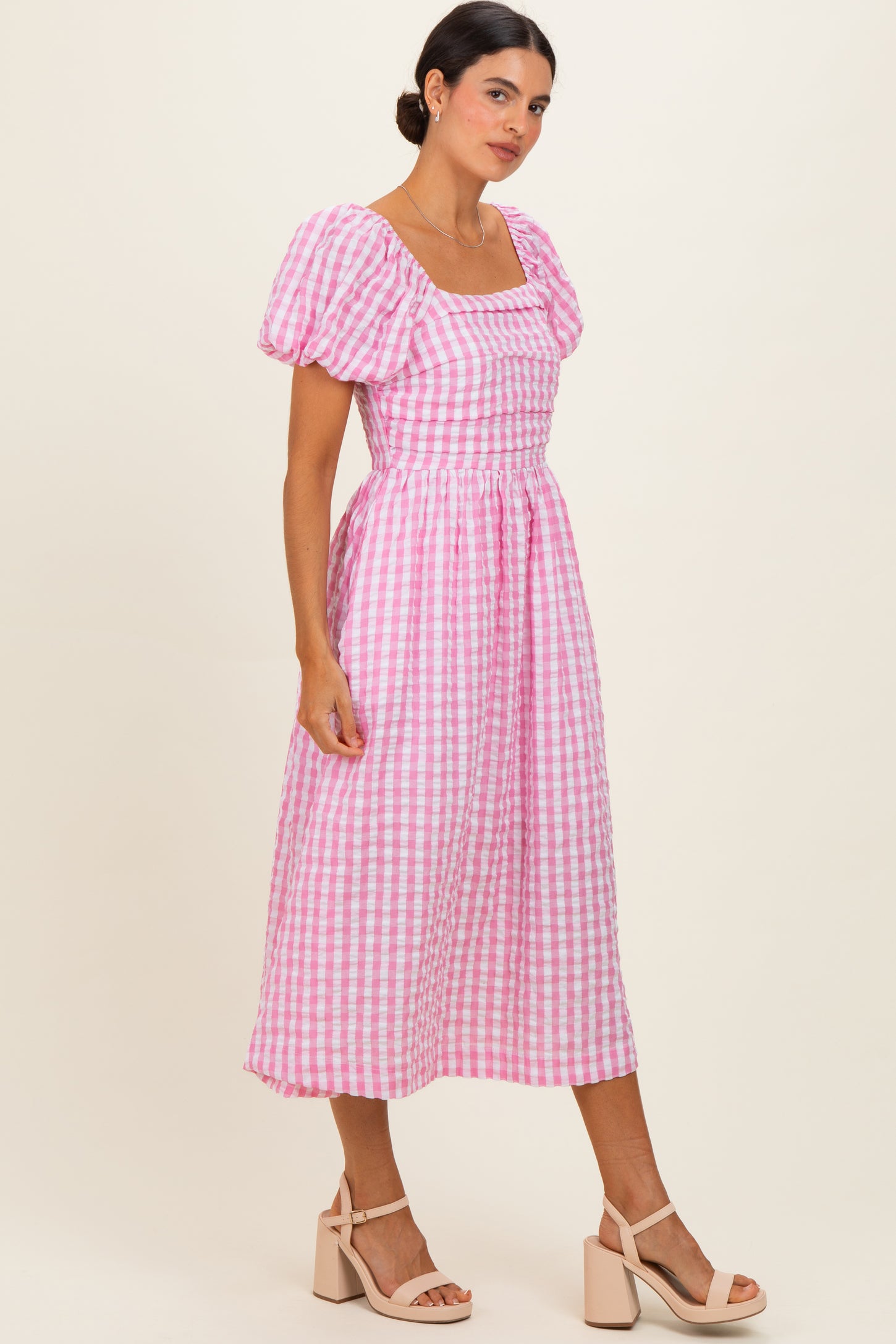 Pink Gingham Puff Sleeve Midi Dress