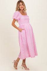 Pink Gingham Puff Sleeve Maternity Midi Dress