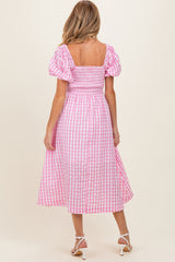 Pink Gingham Puff Sleeve Maternity Midi Dress
