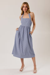 Navy Gingham Halter Neck Midi Dress