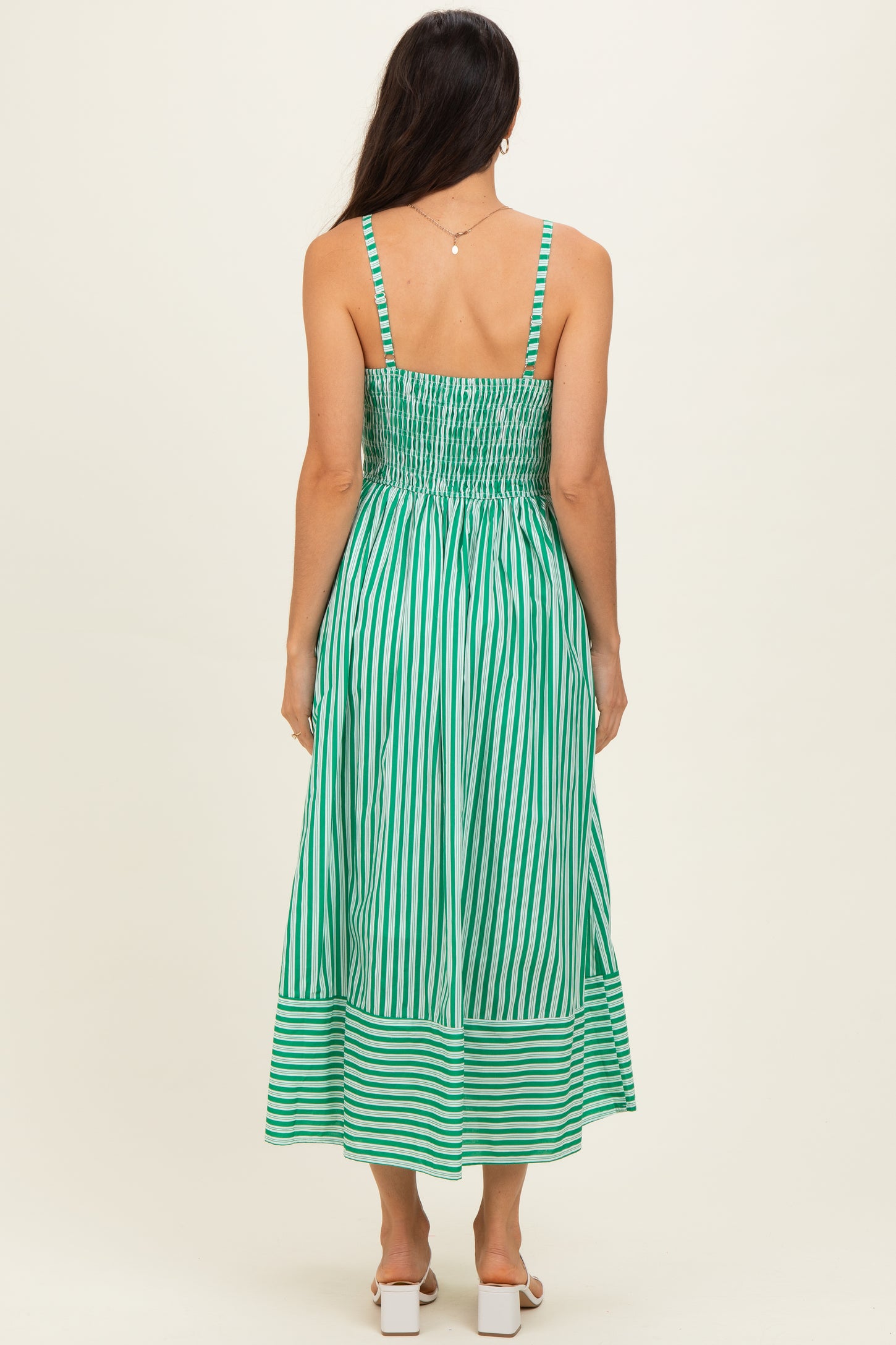 Green Striped Smocked Midi Dress