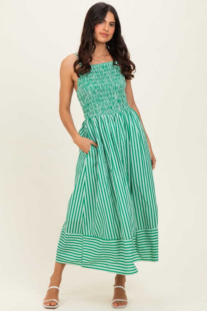 Green Striped Smocked Midi Dress