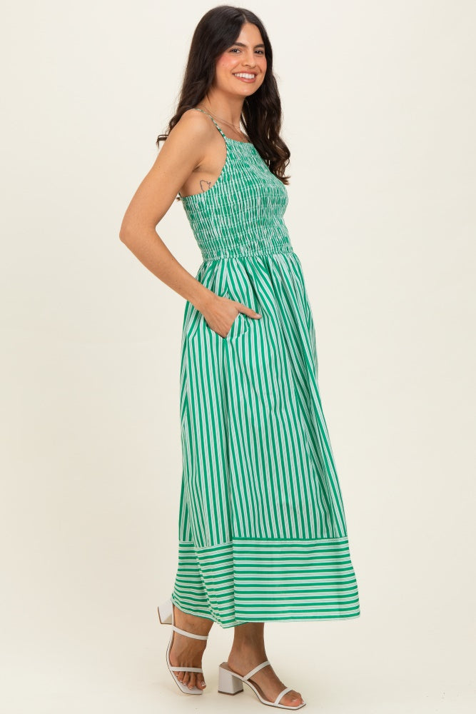 Green Striped Smocked Midi Dress
