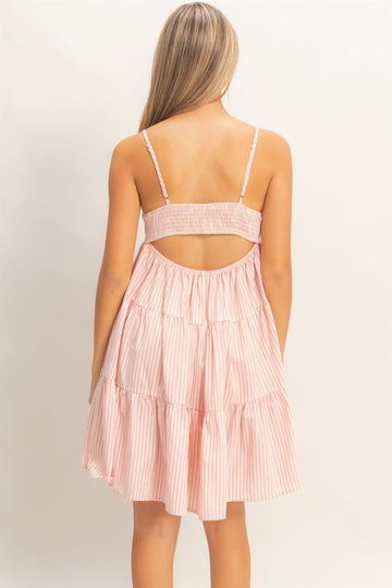 Pink Striped Tiered Cutout Dress