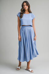 French Blue Crop Top Midi Skirt Set