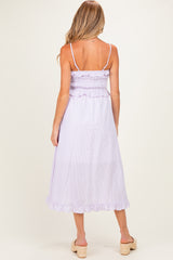 Lavender Striped Smocked Ruffle Accent Maternity Midi Dress