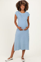 Light Blue Side Slit Maternity Midi T-Shirt Dress