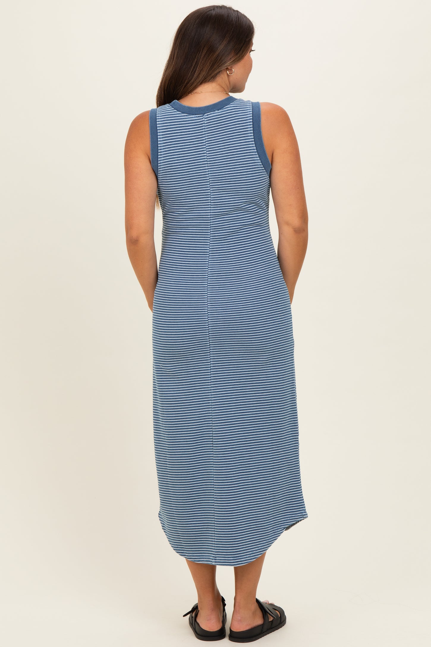 Blue Striped Sleeveless Maternity Midi Tank Dress