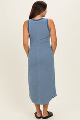Blue Striped Sleeveless Maternity Midi Tank Dress