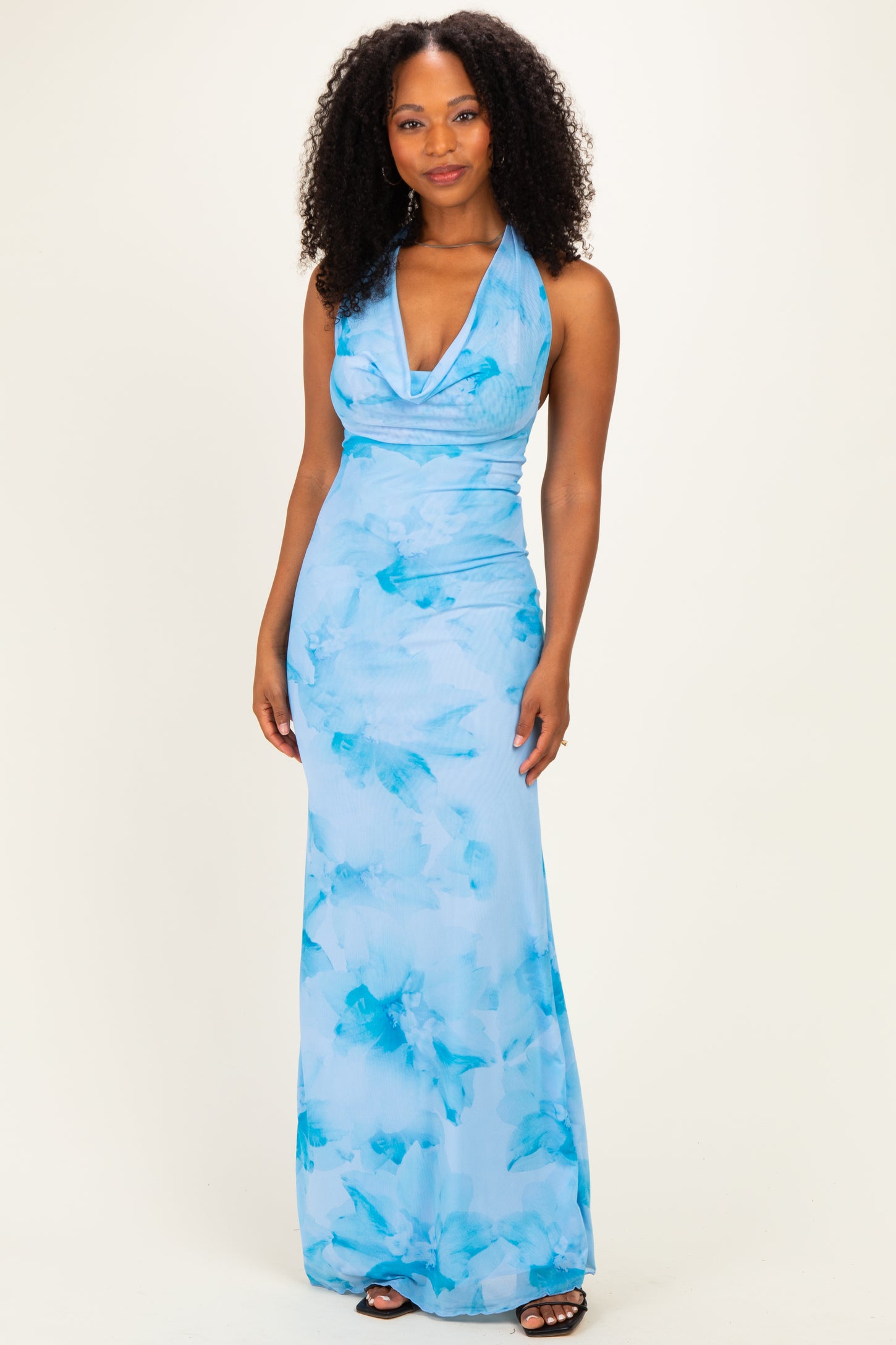 Light Blue Floral Cowl Maxi Dress
