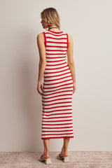 Red Striped Crochet Knit Midi Dress