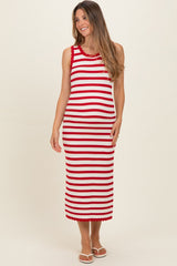 Red Striped Crochet Knit Maternity Midi Dress