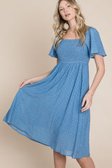 Blue Polka Dot Smocked Maternity Midi Dress