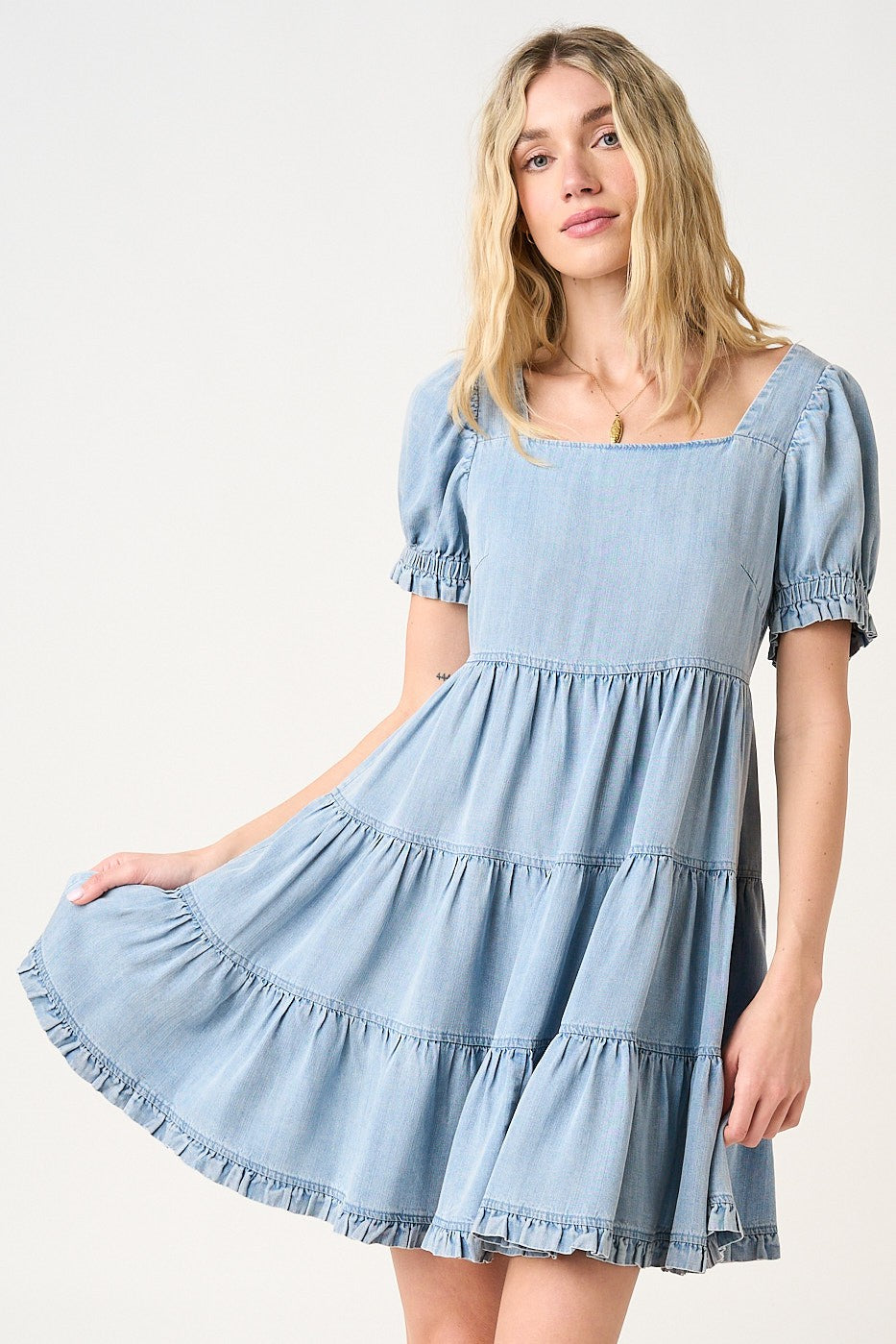 Light Blue Denim Washed Chambray Tiered Babydoll Mini Dress