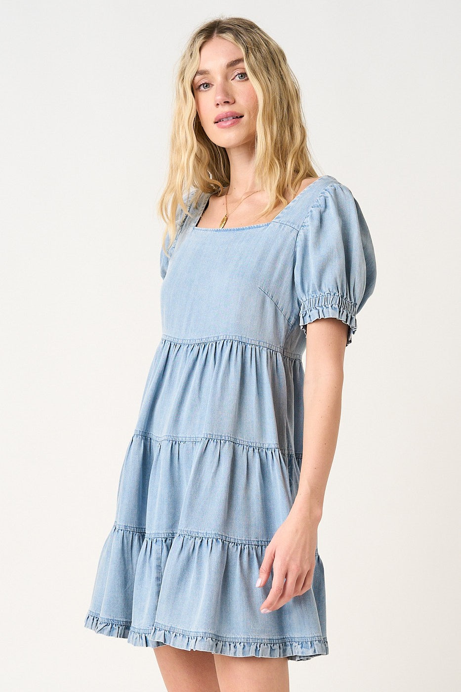 Light Blue Denim Washed Chambray Tiered Babydoll Mini Dress