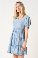 Light Blue Denim Washed Chambray Tiered Babydoll Mini Dress