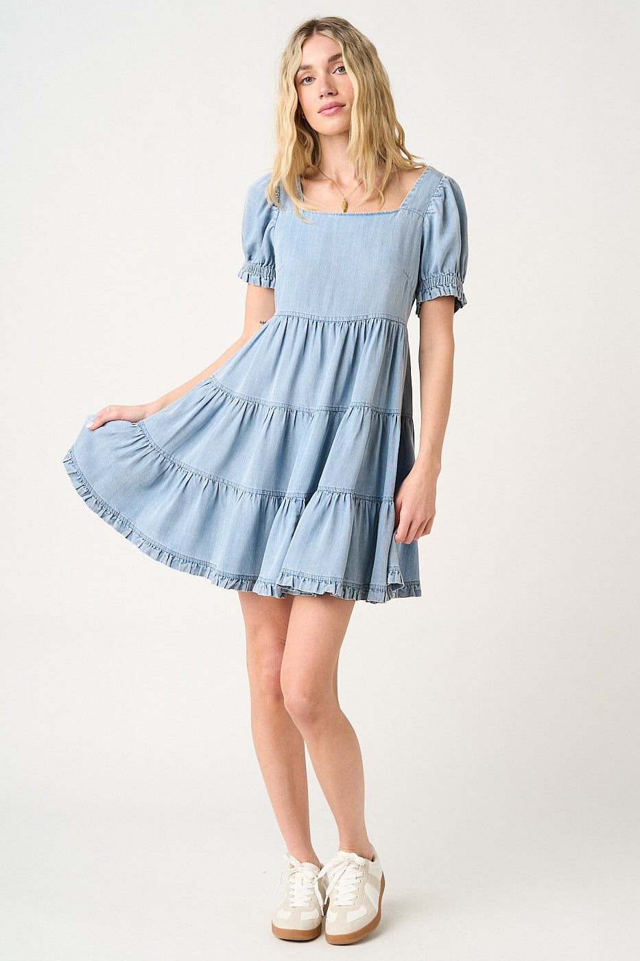 Light Blue Denim Washed Chambray Tiered Babydoll Mini Dress