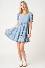 Light Blue Denim Washed Chambray Tiered Babydoll Mini Dress