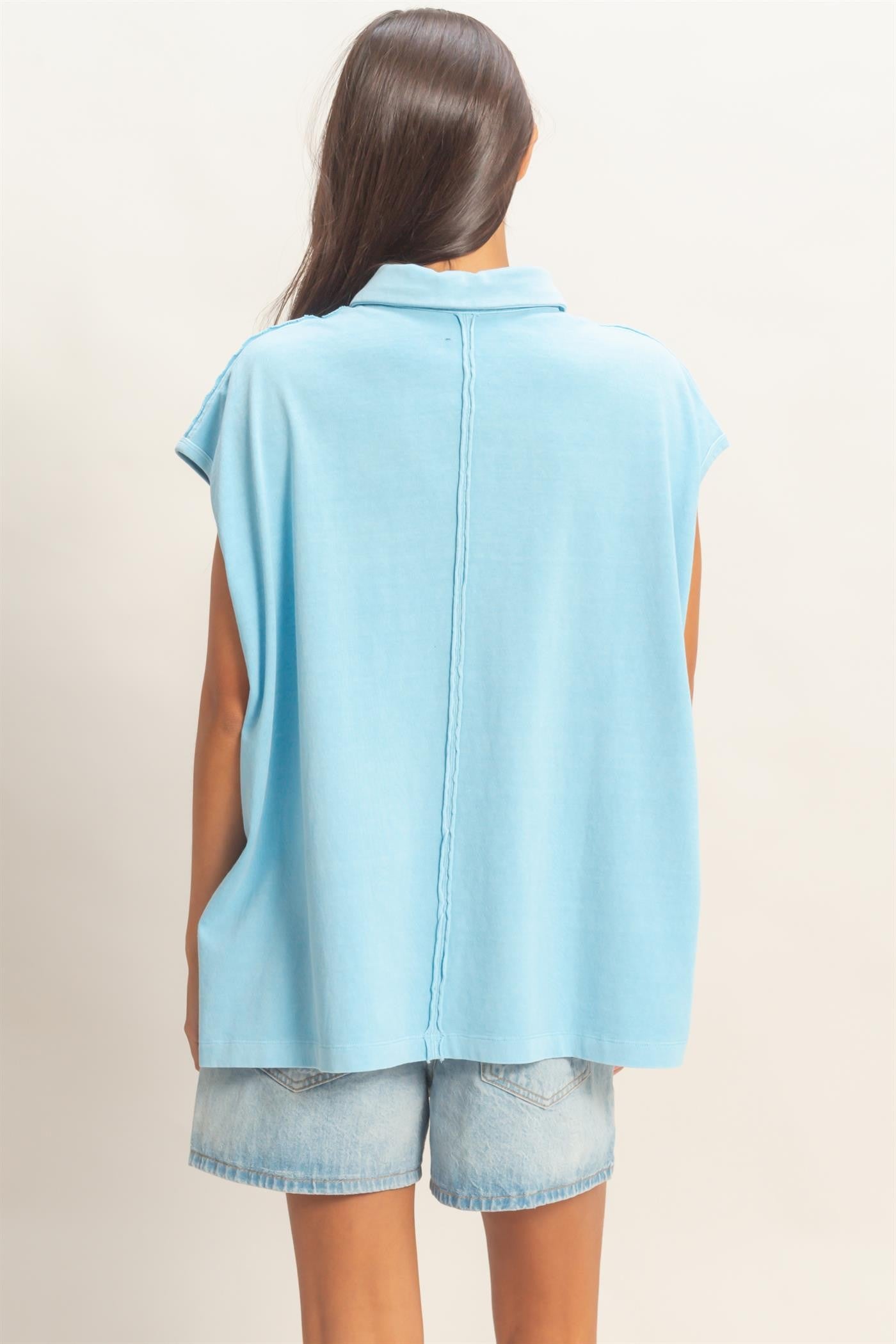 Light Blue Pigment Dye Sleeveless Polo Oversized Top