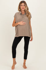 Mocha Pigment Dye Sleeveless Polo Oversized Maternity Top
