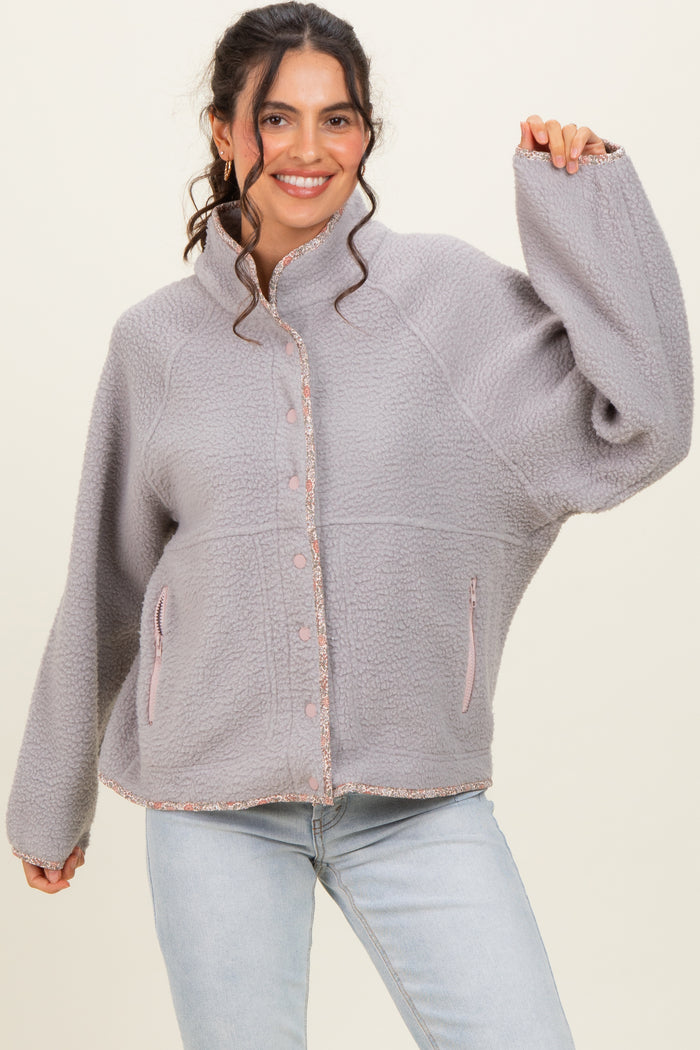 Grey Floral Trim Fleece Snap Button Jacket