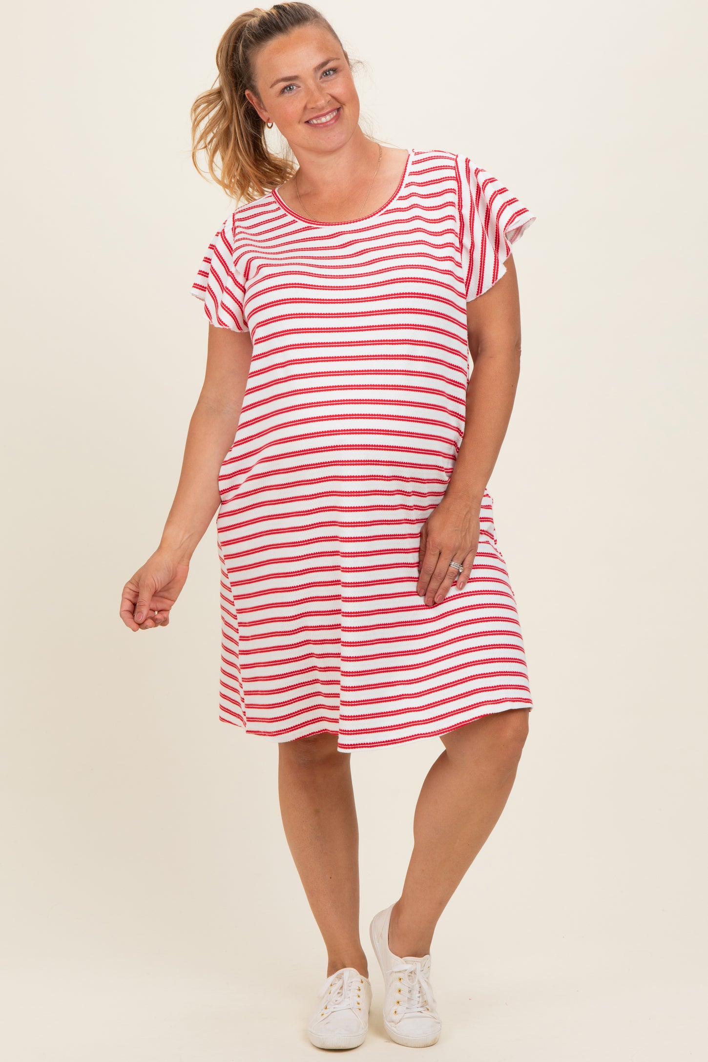 Red Striped Flutter Sleeve Maternity Plus T-Shirt Dress