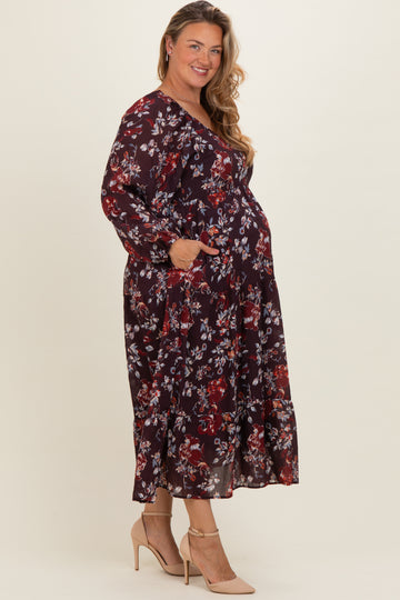 Brown Floral V-Neck Bubble Sleeve Maternity Maxi Dress
