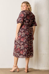 Brown Floral Smocked Button Down Plus Midi Dress