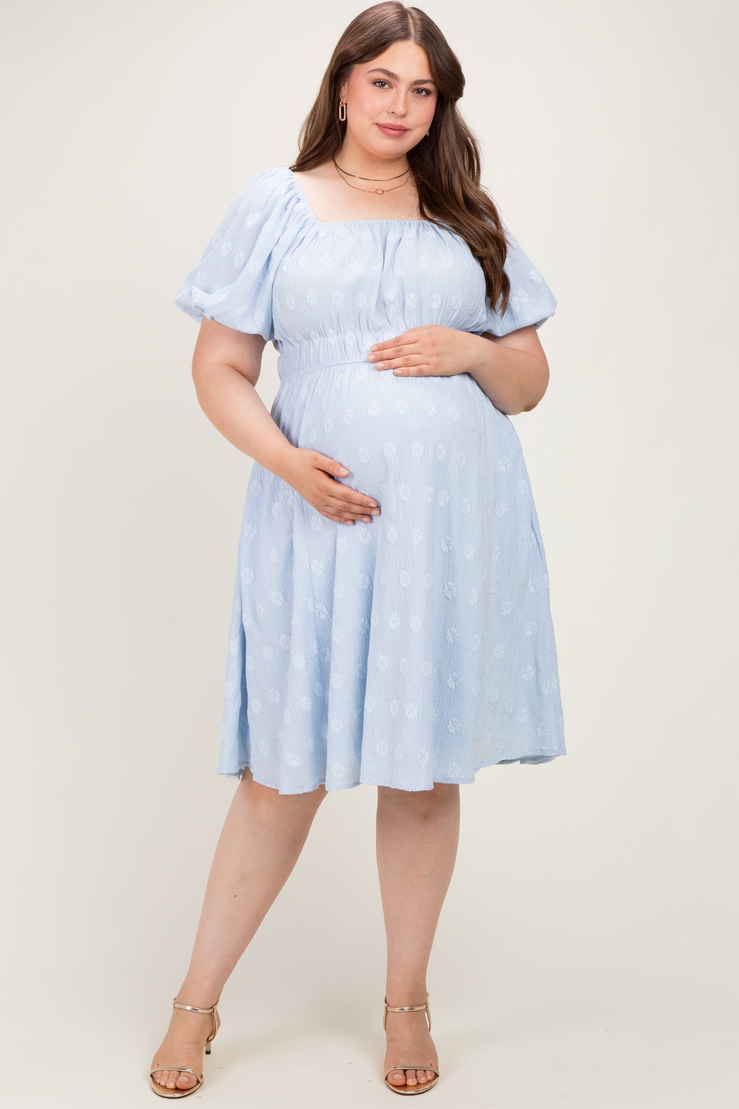Dusty Blue Jacquard Maternity Plus Midi Dress
