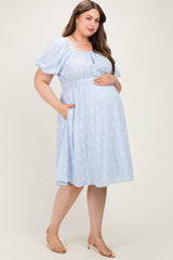 Dusty Blue Jacquard Maternity Plus Midi Dress