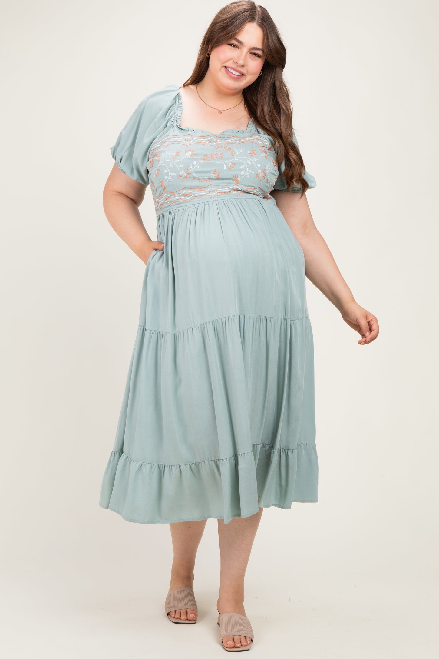 Sage Embroidered Ruffle Accent Maternity Plus Midi Dress
