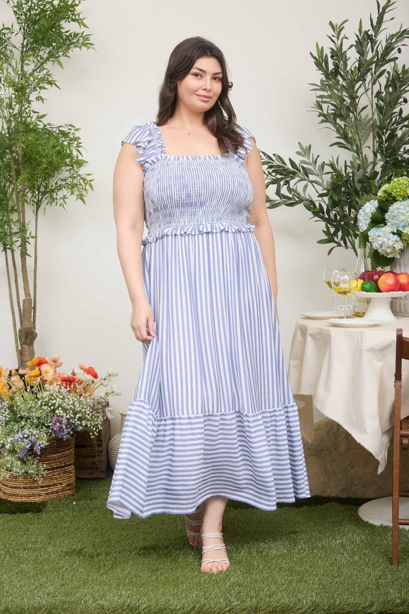 Blue Striped Smocked Plus Midi Dress