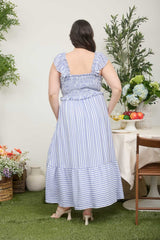 Blue Striped Smocked Plus Midi Dress