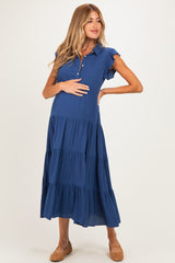 Deep Blue Button Up Ruffle Sleeve Tiered Maternity Maxi Dress