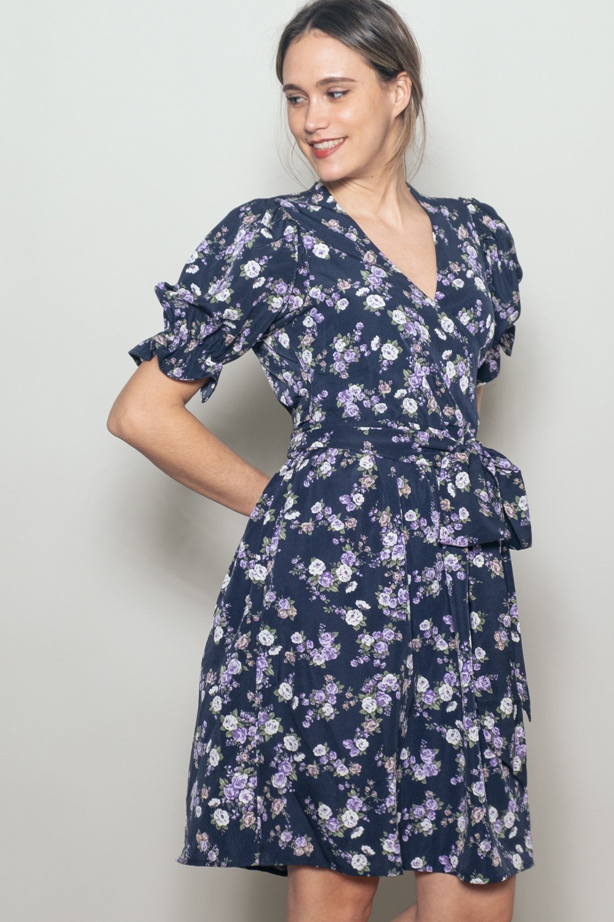 Navy Rose Floral Wrap Dress