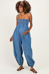 Blue Polka Dot Printed Maternity Jumpsuit