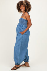 Blue Polka Dot Printed Maternity Jumpsuit