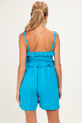 Blue Embroidered Ruffle Accent Maternity Romper