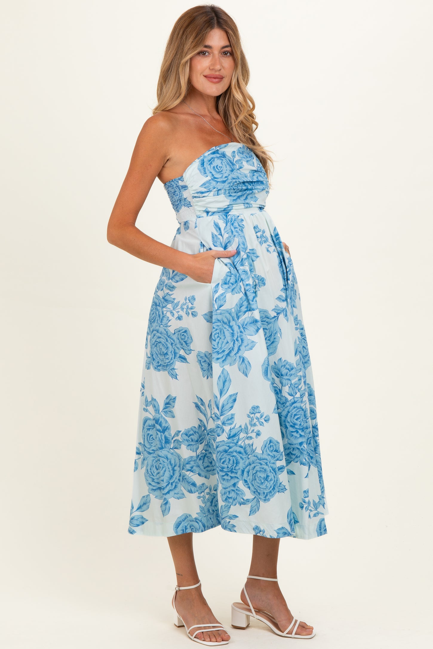Blue Blossom Print Strapless Maternity Maxi Dress