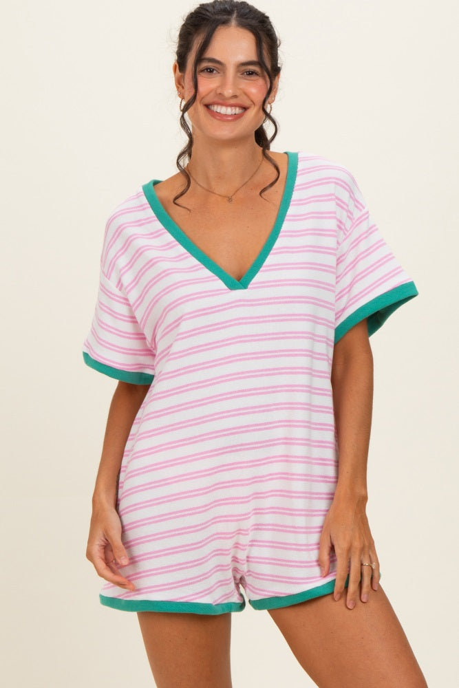 Light Pink Waffle Knit V-Neck Short Sleeve Romper