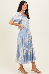 Light Blue Floral Cutout Tie Back Midi Dress