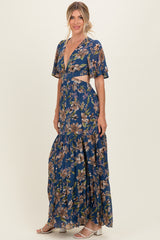Navy Floral Deep V-Neck Cutout Maxi Dress