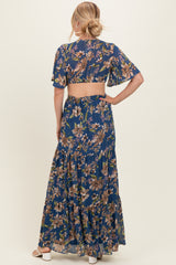 Navy Floral Deep V-Neck Cutout Maxi Dress