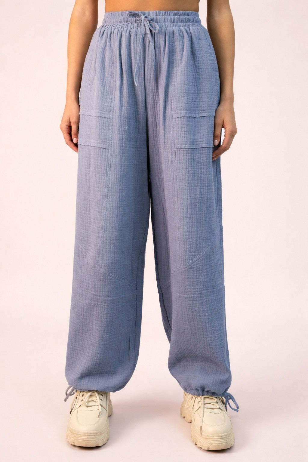 Blue Gauze Cinched Hem Pants