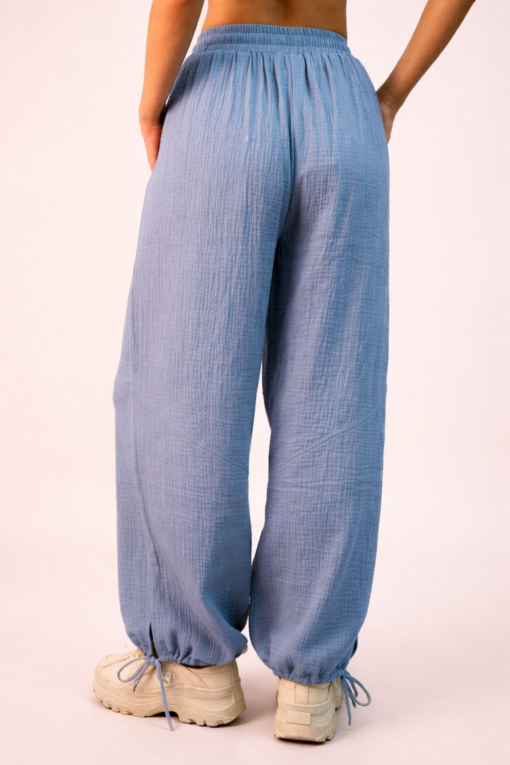Blue Gauze Cinched Hem Pants