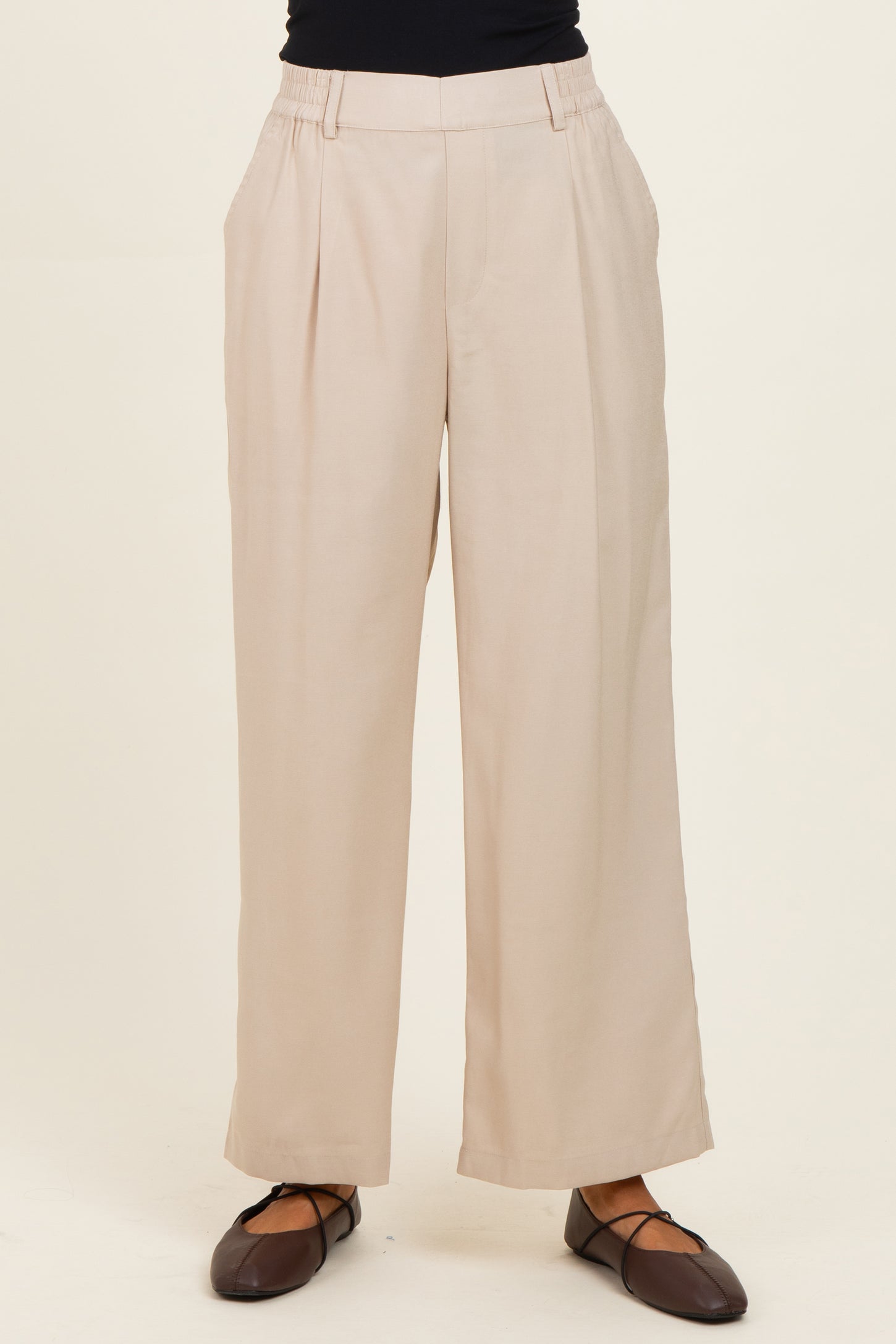 Beige Elastic Waistband Trousers