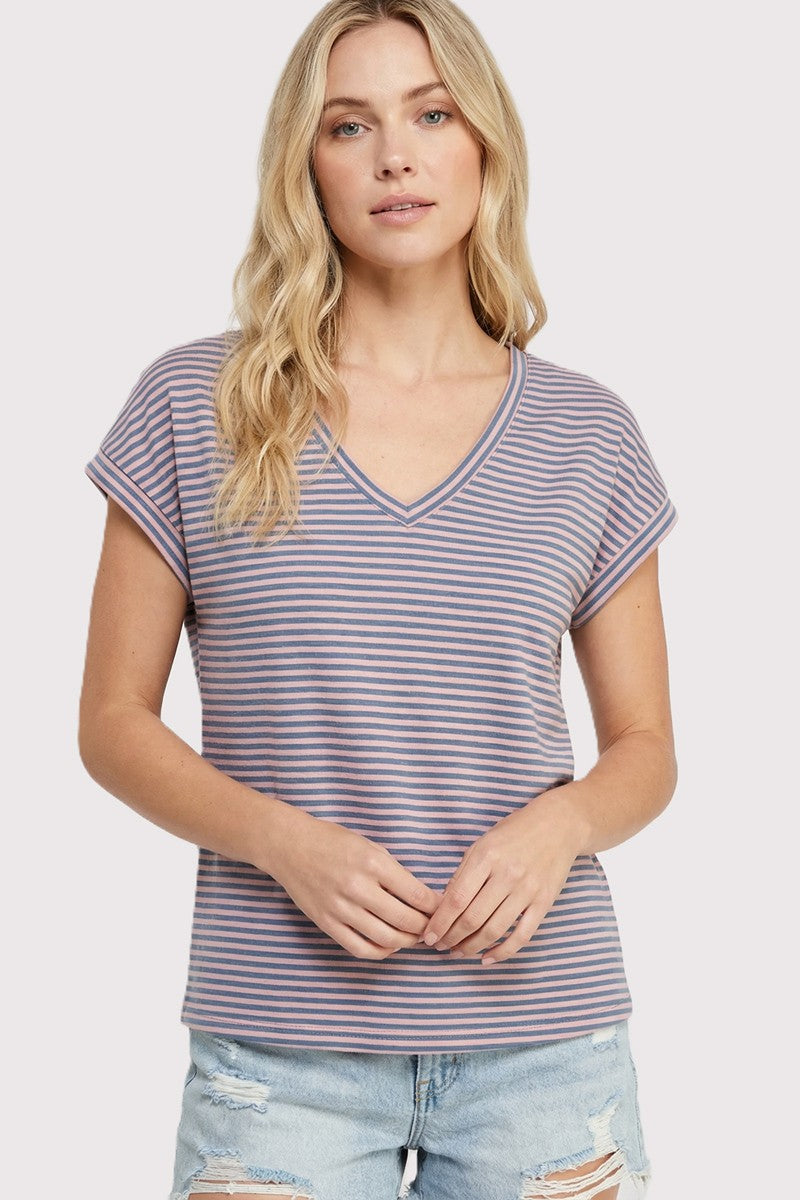 Pink Blue Striped V-Neck Short Sleeve Top