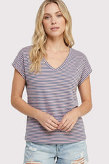 Pink Blue Striped V-Neck Short Sleeve Top