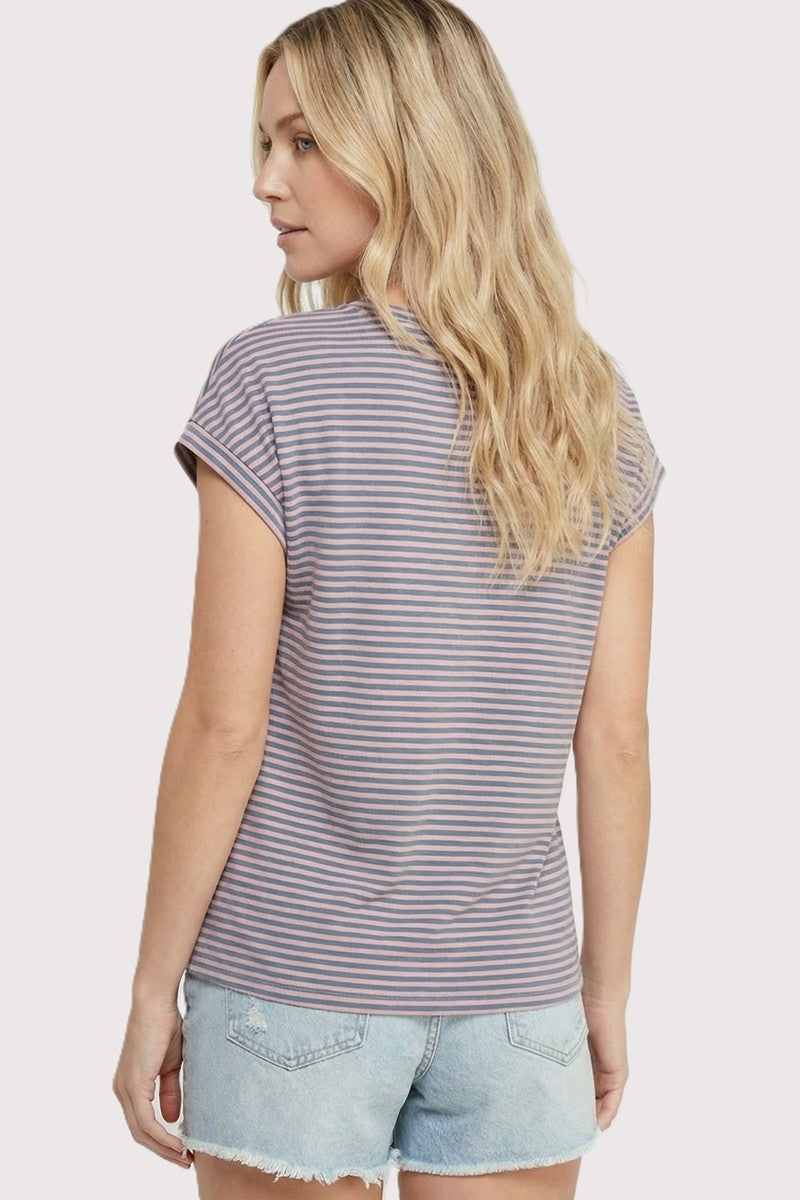 Pink Blue Striped V-Neck Short Sleeve Top